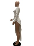 Women Summer White Sexy O-Neck Full Sleeves Solid Ripped Maxi Dress