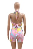 Women Summer Pink Casual Halter Sleeveless Striped Print Hollow Out Above Knee Regular Rompers