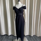 Summer Elegant Black Straps V Neck Short Sleeve Party Long Dress