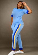 Set di pantaloni larghi a due pezzi con tasche patchwork a vita alta da donna blu sportivo con scollo a maniche corte