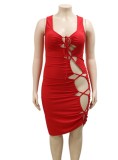 Women Summer Red Sexy Strap Sleeveless Solid Lace Up Midi Plus Size Shirt Dress