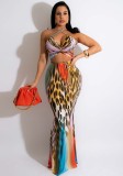 Women Summer Printed Casual Halter Sleeveless High Waist Leopard Print Lace Up Regular MidiTwo Piece Skirt Set