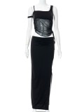 Women Summer Black Sexy Strap Sleeveless High Waist Solid Regular MaxiTwo Piece Skirt Set