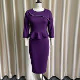 Women Spring Purple Formal O-Neck Three Quarter Sleeves Solid Cascading Ruffle Midi Pencil Office Dress