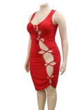 Women Summer Red Sexy Strap Sleeveless Solid Lace Up Midi Plus Size Shirt Dress