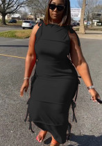 Mujer Verano Negro Sexy O-cuello Sin mangas Sólido Con cordones Maxi Straight Plus Size Vestido largo