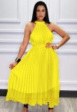 Women Summer Yellow Modest Turtleneck Sleeveless Solid Pleated Maxi Dress
