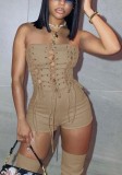 Women Summer Khaki Sexy Strapless Sleeveless Solid Lace Up Above Knee Regular Rompers