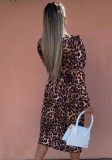 Women Summer Printed Casual V-neck Full Sleeves Leopard Print Ripped Midi Loose Shirt Dress