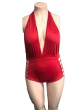 Women Red Halter Backless Solid Hollow Out Plus Size One Piece Swimwear