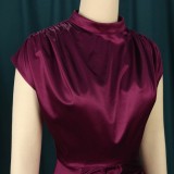 Women Summer Burgunry Modest Turtleneck Short Sleeves Solid Ripped Maxi Dress