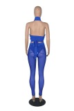 Women Summer Blue Sexy Halter Sleeveless High Waist Solid Lace Up Skinny Three Piece Pants Set