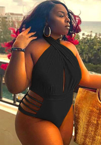 Women Black Halter Backless Solid Hollow Out Plus Size One Piece Swimwear