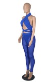 Women Summer Blue Sexy Halter Sleeveless High Waist Solid Lace Up Skinny Three Piece Pants Set