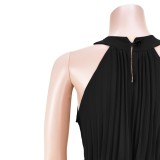 Women Summer Black Modest Turtleneck Sleeveless Solid Pleated Maxi Dress