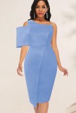 Women Summer Blue Modest Slash Neck Half Sleeves Solid Hollow Out Midi Pencil Plus Size Long Dress