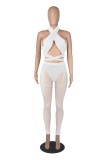 Women Summer White Sexy Halter Sleeveless High Waist Solid Lace Up Skinny Three Piece Pants Set