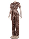 Women Summer Khaki Casual V-neck Short Sleeves Printed Belted Full Length Regular Jumpsuit