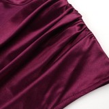 Women Summer Burgunry Modest Turtleneck Short Sleeves Solid Ripped Maxi Dress
