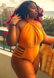 Women Yellow Halter Backless Solid Hollow Out Plus Size One Piece Swimwear