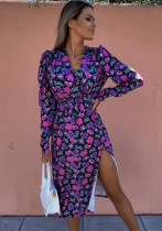Women Summer Purple Casual V-neck Full Sleeves Floral Print Ripped Midi Loose Shirt Dress