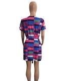 Women Summer Purple Casual O-Neck Short Sleeves Plaid Print Belted Mini A-line Plus Size Casual Dress