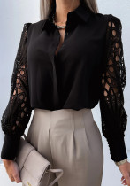 Женская осенняя черная скромная блузка с отложным воротником и длинными рукавами, лоскутное кружево, открытая блузка