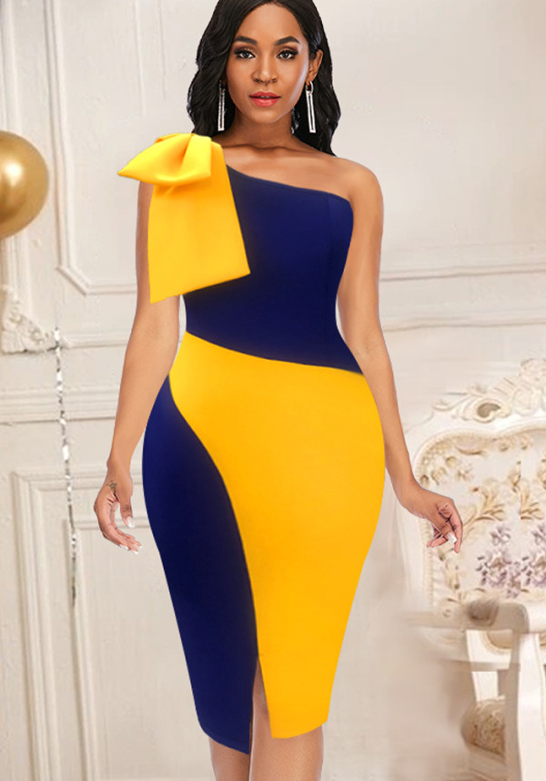 Women Summer Yellow Casual Slash Neck Sleeveless Color Blocking Slit Midi Pencil Plus Size Long Dress