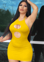 Frauen-Sommer-Gelb-reizvoller Halfter ärmelloses festes aushöhlen Mini Bodycon Kleid