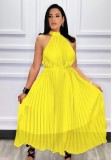 Women Summer Yellow Modest Turtleneck Sleeveless Solid Pleated Maxi Dress