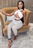 Conjunto de pantalones ajustados de tres piezas para mujer, blanco, Sexy, de verano, sin mangas, de cintura alta, con cordones