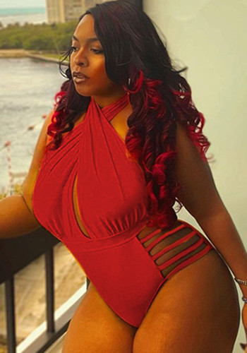 Women Red Halter Backless Solid Hollow Out Plus Size One Piece Swimwear