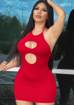 Mujeres verano rojo sexy halter sin mangas sólido ahueca hacia fuera mini vestido ajustado