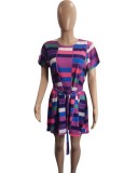 Women Summer Purple Casual O-Neck Short Sleeves Plaid Print Belted Mini A-line Plus Size Casual Dress