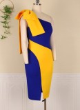 Women Summer Yellow Casual Slash Neck Sleeveless Color Blocking Slit Midi Pencil Plus Size Long Dress