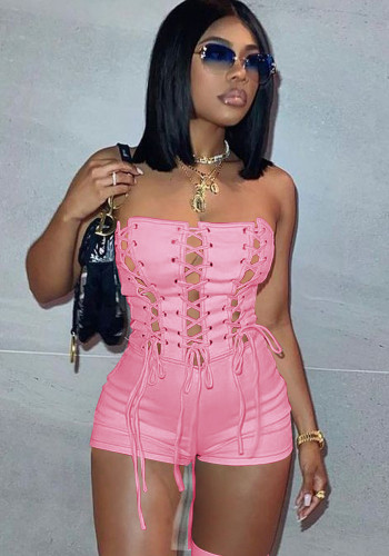 Women Summer Pink Sexy Strapless Sleeveless Solid Lace Up Above Knee Regular Rompers