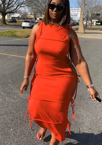 Women Summer Orange Sexy O-Neck Sleeveless Solid Lace Up Maxi Straight Plus Size Long Dress