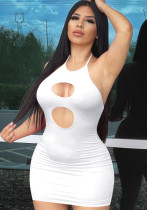 女性サマーホワイトセクシーホルターノースリーブソリッドホローアウトミニボディコンドレス