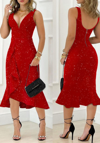 Damen-Sommer-Rot Modest V-Ausschnitt ärmelloses Solid Cascading Rüschen Fit und Flare Midi-Kleid