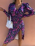 Women Summer Purple Casual V-neck Full Sleeves Floral Print Ripped Midi Loose Shirt Dress