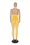Women Summer Yellow Sexy Halter Sleeveless High Waist Solid Lace Up Skinny Three Piece Pants Set
