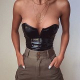 Women Summer Black Sexy Strapless Sleeveless Solid PU Leather Bodysuit
