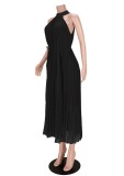 Women Summer Black Modest Turtleneck Sleeveless Solid Pleated Maxi Dress