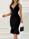 Women Summer Black Modest V-neck Sleeveless Solid Cascading Ruffle Fit and Flare Midi Dress