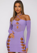 Women Summer Purple Sexy Halter Wrist Sleeves Patchwork Diamonds Mini Sheath Club Dress
