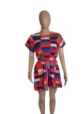 Women Summer Red Casual O-Neck Short Sleeves Plaid Print Belted Mini A-line Plus Size Casual Dress