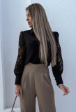 Women Autumn Black Modest Turn-down Collar Full Sleeves Patchwork Lace Hollow Out Regular Blouse