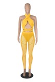 Women Summer Yellow Sexy Halter Sleeveless High Waist Solid Lace Up Skinny Three Piece Pants Set