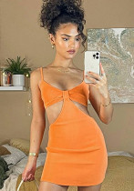 Frauen-Sommer-Orange-reizvoller Riemen-ärmelloses festes aushöhlen heraus Mini-gerades Verein-Kleid