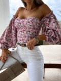 Women Summer Printed Modest Off-the-shoulder Lantern Sleeve Floral Print Cascading Ruffle Regular Shirt